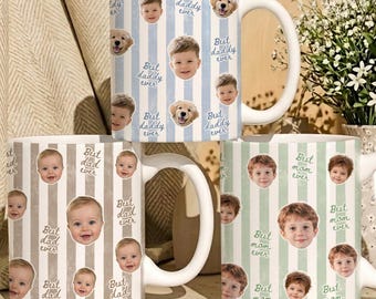 May include: Three ceramic mugs with white handles. One mug has blue and white stripes with baby faces and dog stickers, and the text "Best daddy ever". Another mug has brown and white stripes with baby faces and the text "Best dad ever". The third mug has green and white stripes with baby faces and the text "Best mom ever".