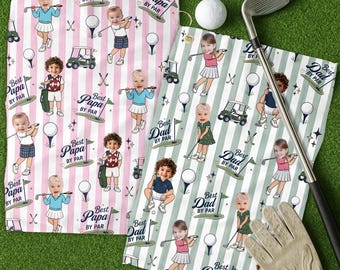 May include: Two golf towels with a repeating pattern of children playing golf, golf carts, golf balls, and flags. One towel is pink striped with "Best Papa By Par" text, and the other is green striped with "Best Dad By Par" text.