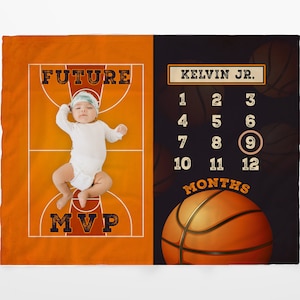 Personalized Baby Boy Monthly Milestone Blanket Basketball, Blanket With Months Gift From Basketball Mom Dad Basketball Sports Nursery Decor