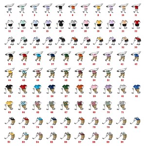 May include: A collection of 90 golf-themed illustrations, each depicting a golfer in various shirt and shorts combinations. The figures are shown in a dabbing pose with a golf club. The shirts come in a variety of colors and patterns.