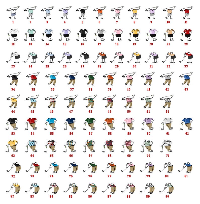 May include: A collection of 90 golf-themed illustrations, each depicting a golfer in various shirt and shorts combinations. The figures are shown in a dabbing pose with a golf club. The shirts come in a variety of colors and patterns.