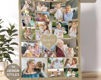 Custom Grandma Photo Blanket Collage, Personalized Picture Collage Text Blanket for Friend, Family Photo Blanket, Memorial Blanket