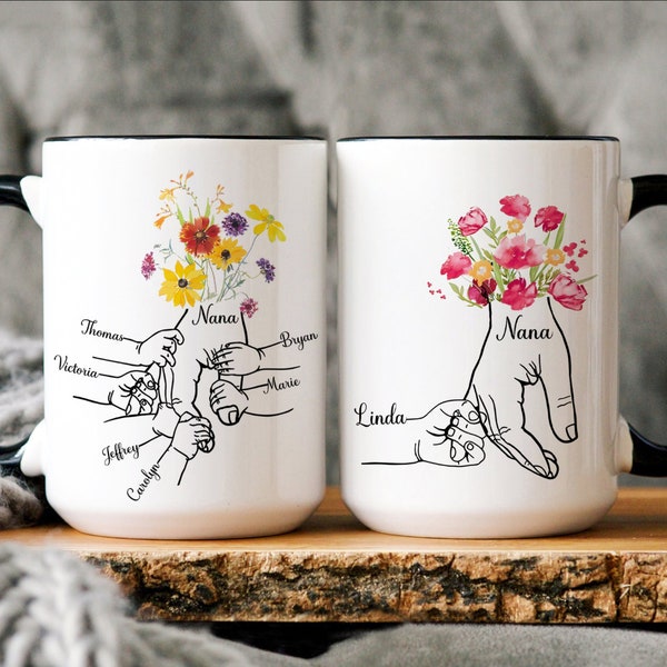 Personalized Grandma Mug, Holding kid hands Mom Grandma Mug, Custom Kidnames Hand Mug, Custom Nana Mug, Gift For Mimi