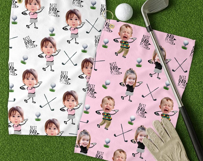 Custom Photo Golf Towel With Baby Face, Custom Dad Golf Towel With Kids Faces, Best Dad By Par Golf Towel, Golf Lovers Gift