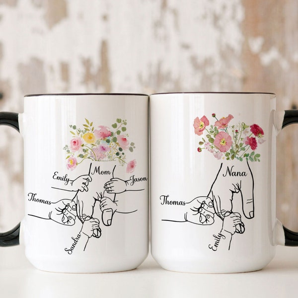 Personalized Grandma Mug, Holding kid hands Mom Grandma Mug, Custom Kidnames Hand Mug, Custom Nana Mug, Gift For Mimi