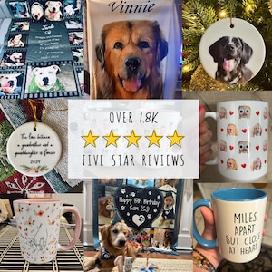 May include: A collection of personalized pet-themed gifts, including a blanket, mugs, and ornaments. The blanket features a collage of dog photos, while the mugs and ornaments display custom pet portraits. One mug has the text "MILES APART BUT CLOSE AT HEART".