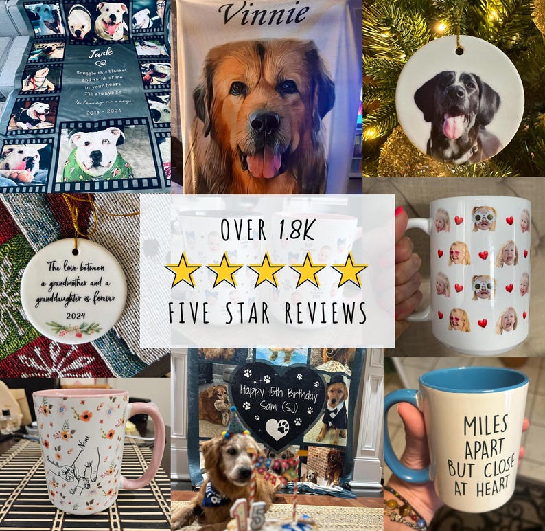 May include: A collection of personalized pet-themed gifts, including a blanket, mugs, and ornaments. The blanket features a collage of dog photos, while the mugs and ornaments display custom pet portraits. One mug has the text "MILES APART BUT CLOSE AT HEART".