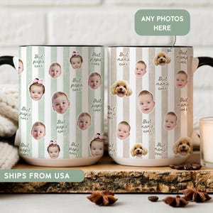 May include: Two ceramic mugs with black handles and rims. One mug has a green and white striped pattern with baby photos and the text "Best papa ever." The other mug has a beige and white striped pattern with baby photos and the text "Best nana ever."