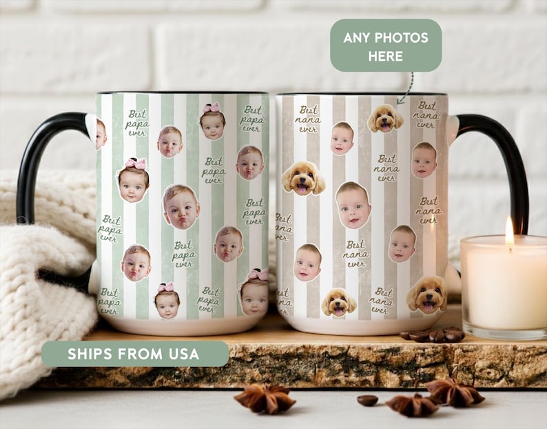May include: Two ceramic mugs with black handles and rims. One mug has a green and white striped pattern with baby photos and the text "Best papa ever." The other mug has a beige and white striped pattern with baby photos and the text "Best nana ever."