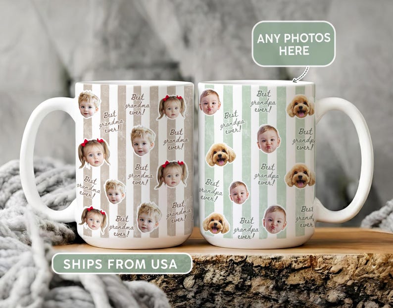 May include: Two white ceramic mugs with custom photos and text. One mug features photos of children and the text "Best grandma ever!". The other mug has photos of a dog and children with the text "Best grandpa ever!". Both mugs have a striped background.