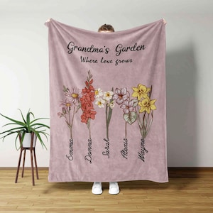 Custom Birth Month Flower Blanket, Personalized Grandma&#39;s Garden Blanket, Nana&#39;s Garden Throw Blanket, Mom&#39;s Garden Print, Gift for Grandma