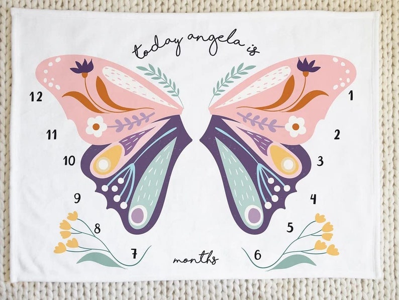 Monthly Milestone Blanket, Butterfly Wings Baby Milestone Blanket Girl