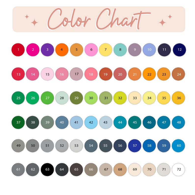 May include: A color chart with 72 numbered color swatches arranged in rows. The swatches are in various shades of red, pink, purple, orange, yellow, green, blue, and neutral tones. The text "Color Chart" is at the top.