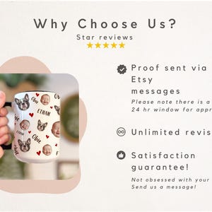 May include: White ceramic mug with a black handle and rim, featuring a repeating pattern of baby faces, bulldog illustrations, and red hearts. The mug has the name "ETHAN" and "Obie" printed on it. The background includes text that says "Why Choose Us?"