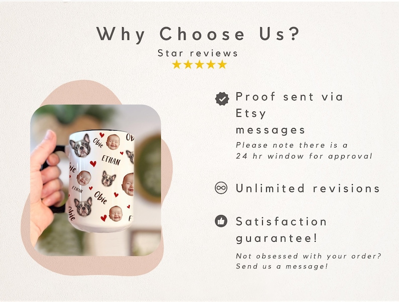 May include: White ceramic mug with a black handle and rim, featuring a repeating pattern of baby faces, bulldog illustrations, and red hearts. The mug has the name "ETHAN" and "Obie" printed on it. The background includes text that says "Why Choose Us?"