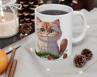 Christmas  white orange cat mug with garland at the paw level gift for cat lovers