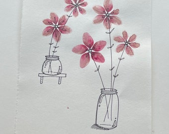Aquarelle de fleurs dans un pot, art mural minimaliste mignon
