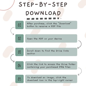 May include: A guide to downloading files, with numbered steps and text instructions. The text includes phrases like "Download button," "PDF file," and "Drive links section." The design features a white background with light green and brown accents.