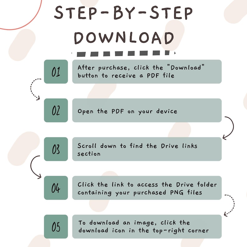 May include: A guide to downloading files, with numbered steps and text instructions. The text includes phrases like "Download button," "PDF file," and "Drive links section." The design features a white background with light green and brown accents.