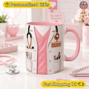 Personalized Nurse Lab Coat Mug, Custom Name Pediatrician Mug, Pink Scrubs Medical Gift, Nursing School Grad Design, Stethoscope Decor