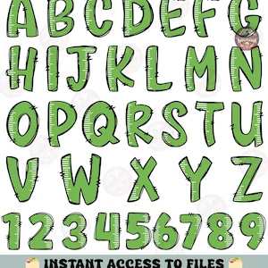 May include: Green alphabet letters and numbers with a ruler design, outlined in black. The image includes the letters A to Z and the numbers 1 to 9. The text at the bottom says "INSTANT ACCESS TO FILES" and "FAST, RELIABLE, AND EASY - DOWNLOAD FILES IN 3 SEC".