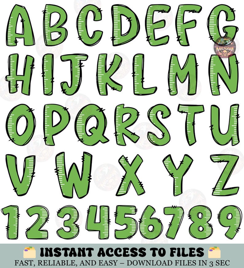 May include: Green alphabet letters and numbers with a ruler design, outlined in black. The image includes the letters A to Z and the numbers 1 to 9. The text at the bottom says "INSTANT ACCESS TO FILES" and "FAST, RELIABLE, AND EASY - DOWNLOAD FILES IN 3 SEC".