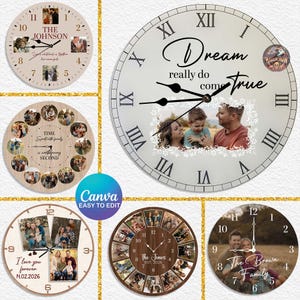May include: A collection of personalized clocks with family photos. Each clock features a unique design, including Roman numerals, family names, and inspirational quotes. The clocks are round and vary in color, with photo collages and decorative elements.