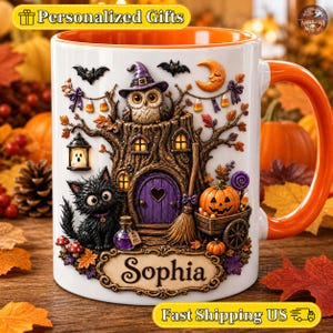Custom Witch Tree House Mug, Personalized Black Cat Pumpkin Coffee Mug, Cute Owl Halloween Gift, Halloween Fall Design, Spooky Tree House