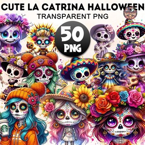 50+ Dia de Muertos Clipart Bundle, Cute La Catrina  Png, Sugar Skull Clipart, Halloween Png, Day Of The Dead Clipart, Spooky Season Png