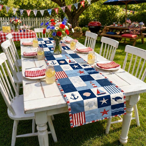 Marineblauer maritimer Quilt Tischläufer, Küstenanker Tischläufer, Rot Weiß Blau Strand Tischdekoration, USA Maritim Dekor, Geschenk zum 4.Juli