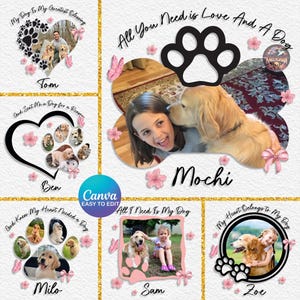 以下が含まれることがあります： 犬と人々をフィーチャーした写真のコラージュで、テキストオーバーレイが付いています。 画像はハート型と足跡型のフレームに配置され、花と蝶のアクセントが付いています。 テキストには「My Dog Is My Greatest Blessing」などのフレーズや、「Tom」などの名前が含まれています。