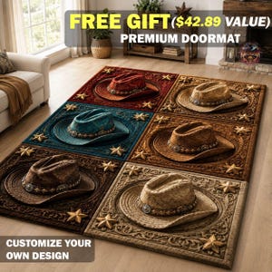 3D Cowboy Hat Western Patchwork Area Rug, Cowboy Ranch Kitchen Mat, Rustic Star Ranch Runner Rug, Country Home Decor, Western Star Doormat