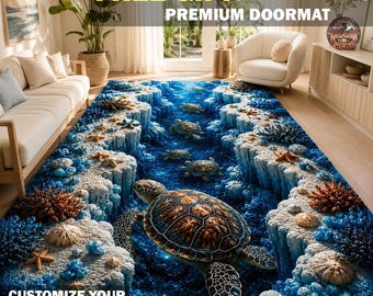 3D Sea Turtle Ocean Canyon Area Rug, Turtle Beach Kitchen Mat, Coastal Coral Runner Rug, Coastal Ocean Home Decor, Ocean Lover Doormat