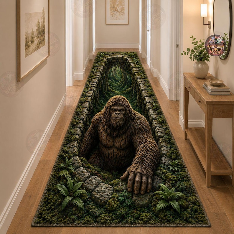 3D Bigfoot Mossy Stone Arch Area Rug, Bigfoot Cave Kitchen Mat ...