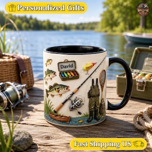 Anpassad fiskemugg med namn, personlig kaffemugg med fiskarnamn, present till fiskeutrustning, födelsedagsdesign för fiskare, fiskare