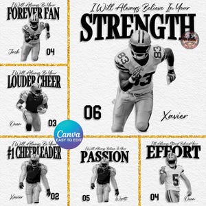 May include: A collage of football-themed graphics with players in action. Each graphic includes a player's number, name, and motivational text like "Forever Fan" and "Strength." The design uses a black, white, and gold color scheme.