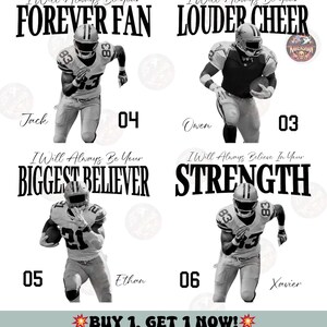May include: A black and white graphic featuring four football players with text that reads "Forever Fan", "Louder Cheer", "Biggest Believer", and "Strength". Each player has a name and number. The bottom text says "Buy 1, Get 1 Now!"