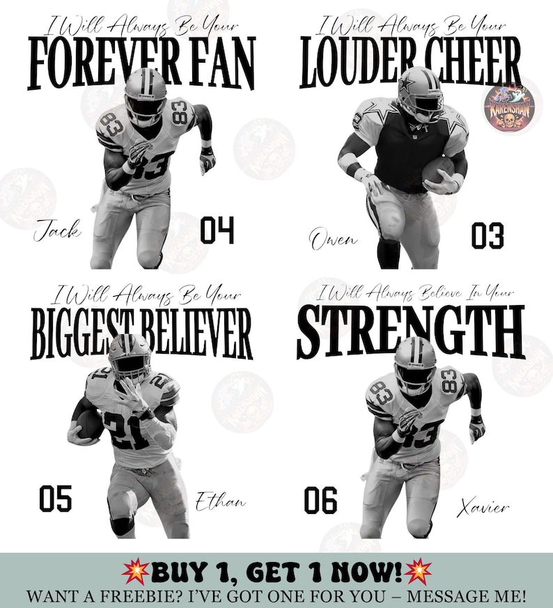 May include: A black and white graphic featuring four football players with text that reads "Forever Fan", "Louder Cheer", "Biggest Believer", and "Strength". Each player has a name and number. The bottom text says "Buy 1, Get 1 Now!"