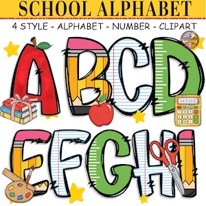 May include: Colorful school-themed clipart featuring the alphabet, numbers, and various school supplies. The image includes letters A through I, a calculator, a palette, and scissors. The text at the top reads "SCHOOL ALPHABET".