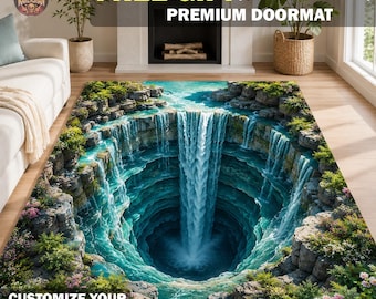 3D Waterfall Abyss Area Rug, Optical Illusion Kitchen Mat, Rocky Sinkhole Runner Rug, Nature Lover Home Decor, Fantasy Landscape Doormat