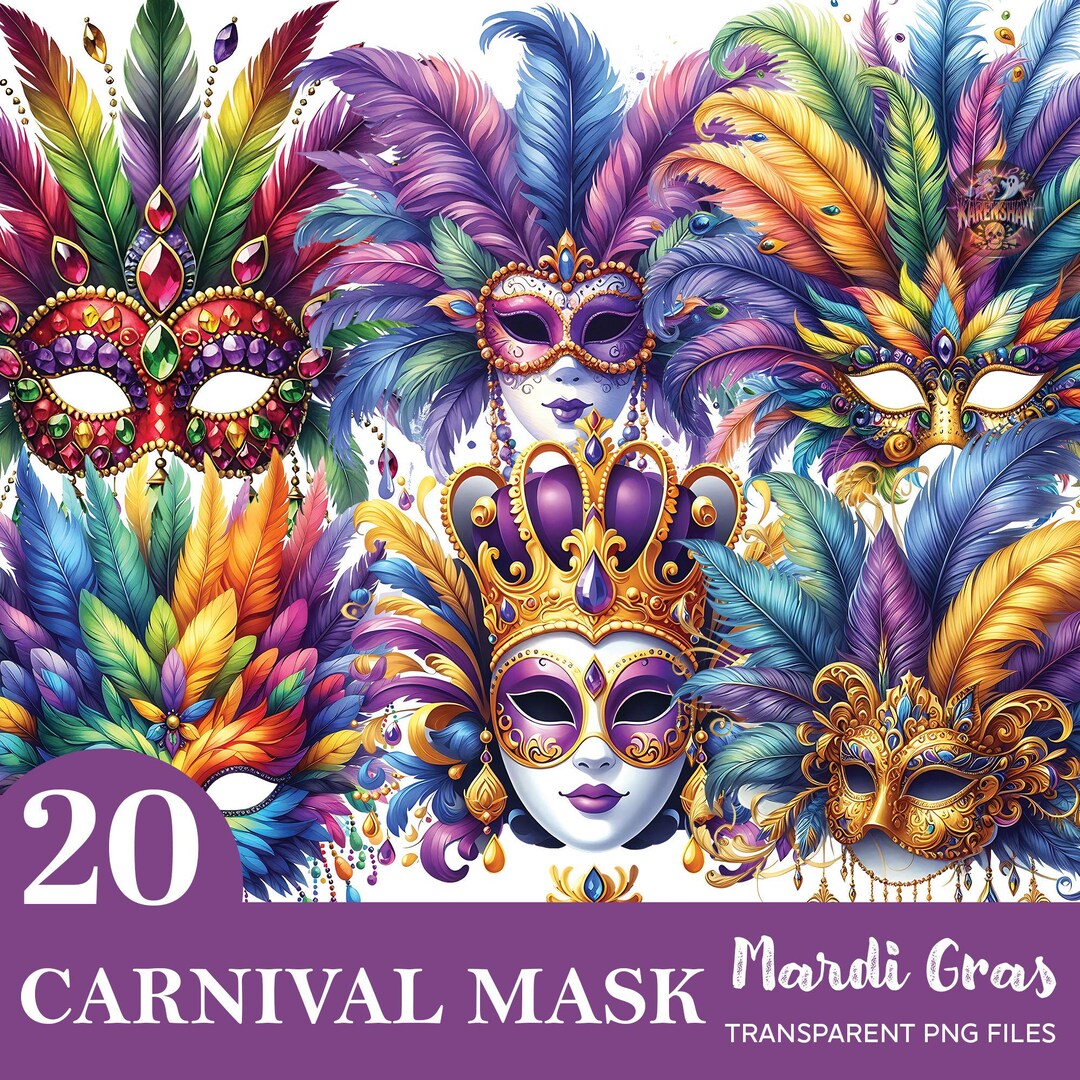 Masquerade Mask Clipart Bundle, 20 PNG Fat Tuesday, Carnival Mask ...