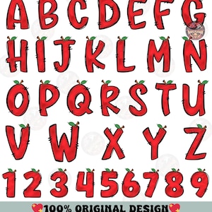 May include: A full alphabet and numbers 1-9 in a red apple design. Each letter and number is red with a green leaf and stem. The text "100% ORIGINAL DESIGN" and "EVERY DETAIL CRAFTED WITH DEDICATION AND CARE" is at the bottom.