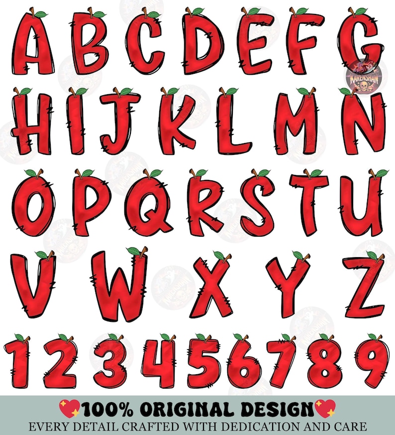 May include: A full alphabet and numbers 1-9 in a red apple design. Each letter and number is red with a green leaf and stem. The text "100% ORIGINAL DESIGN" and "EVERY DETAIL CRAFTED WITH DEDICATION AND CARE" is at the bottom.