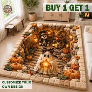 May include: A rectangular area rug featuring a 3D-style stone pit design with a skeleton, a pumpkin-headed figure, and a ghost holding a star. The rug is decorated with numerous orange pumpkins and small lanterns, creating a festive Halloween scene.