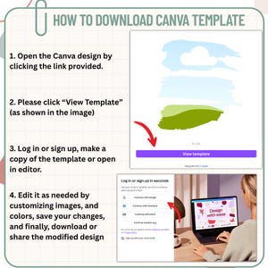 May include: A step-by-step guide on how to download a Canva template. The image includes instructions, a "View template" button, and a person using a laptop with the Canva interface. The text reads "Design with ease."