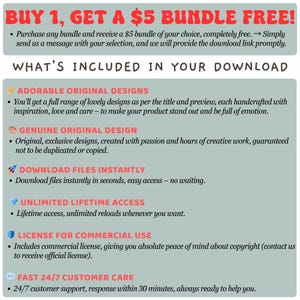 May include: A promotional graphic with red text that reads "BUY 1, GET A $5 BUNDLE FREE!". The image lists features of a digital product, including original designs, instant downloads, lifetime access, commercial use license, and 24/7 customer support.