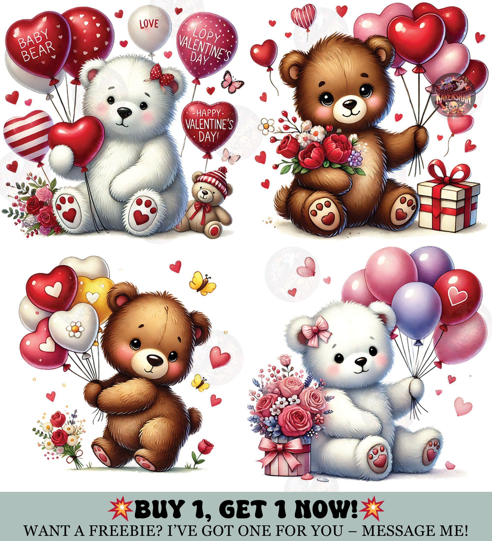 Heart Balloons Clipart Bundle, 20 PNG Cute Valentine, Teddy Bear ...