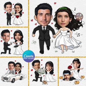 May include: A series of cartoon illustrations showing a couple in wedding-related scenes. The bride is in a white dress, and the groom wears a black suit. The images include a proposal, a car, and a celebratory toast. Hearts and musical notes are used as decorative elements.