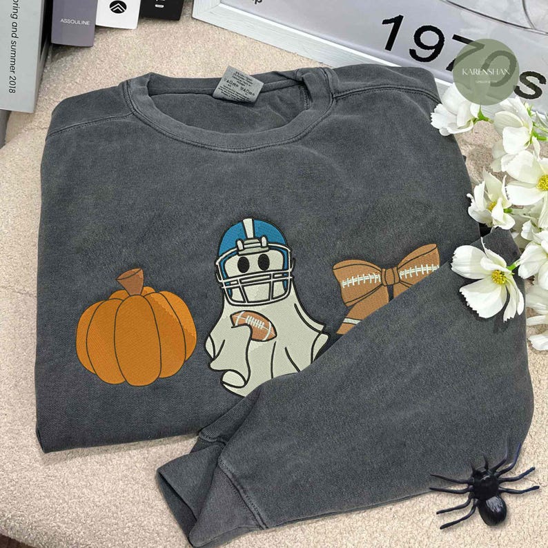 Halloween Football Spooky Embroidery Sweatshirt, Halloween Embroidery