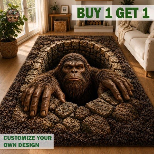 3D Bigfoot Area Rug, Funny Sasquatch Runner Rug, Optical Illusion Rug, Non-Slip Doormat, Rustic Cabin Floor Carpet